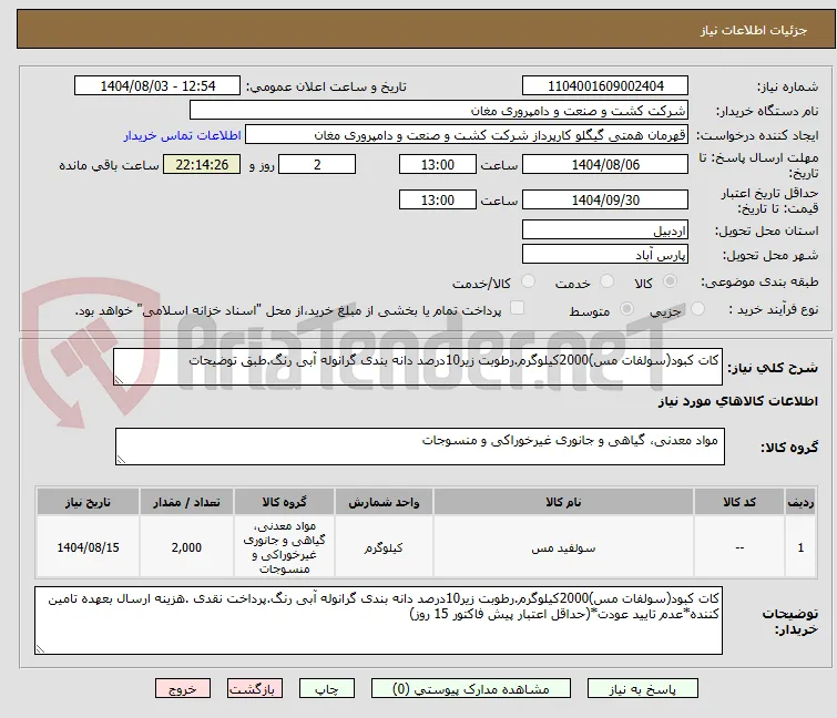 کات کبود(سولفات مس)2000کیلوگرم.رطوبت زیر10درصد دانه بندی گرانوله آبی رنگ.طبق توضیحات