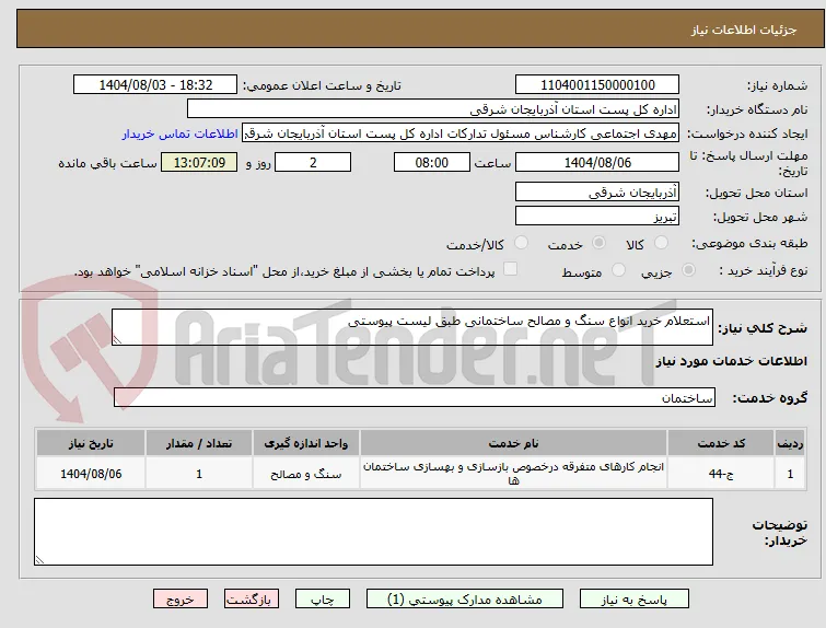 استعلام خرید انواع سنگ و مصالح ساختمانی طبق لیست پیوستی 