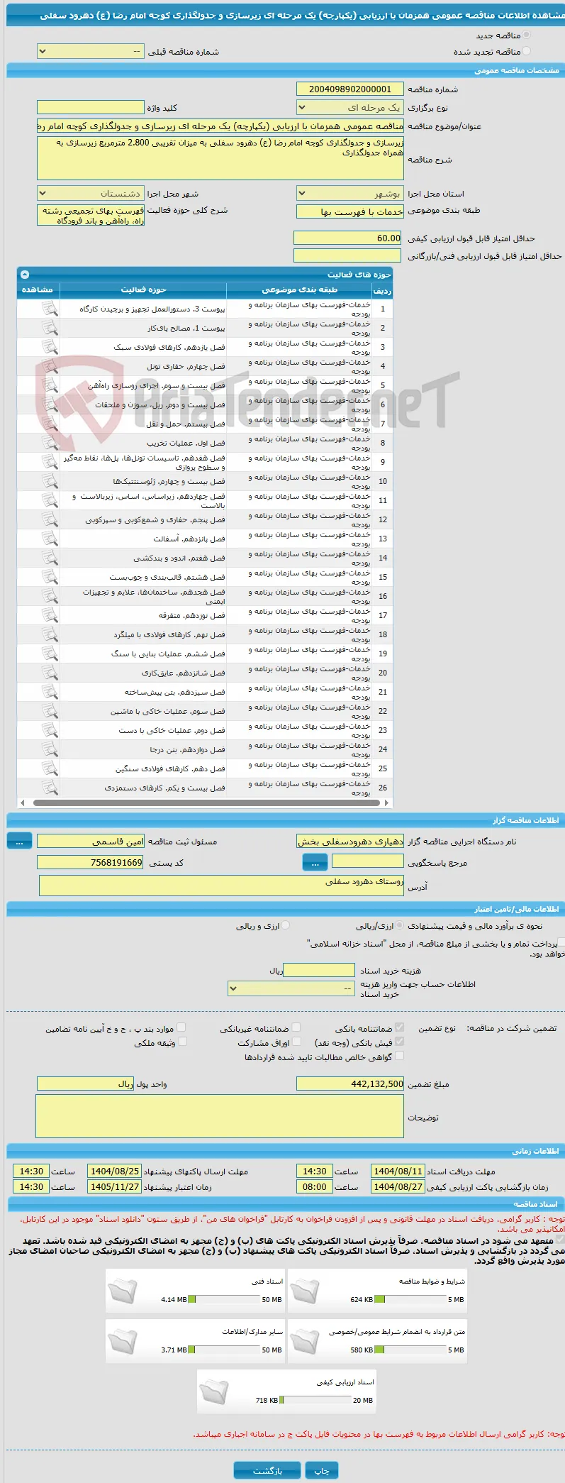 مناقصه عمومی همزمان با ارزیابی (یکپارچه) یک مرحله ای زیرسازی و جدولگذاری کوچه امام رضا (ع) دهرود سفلی