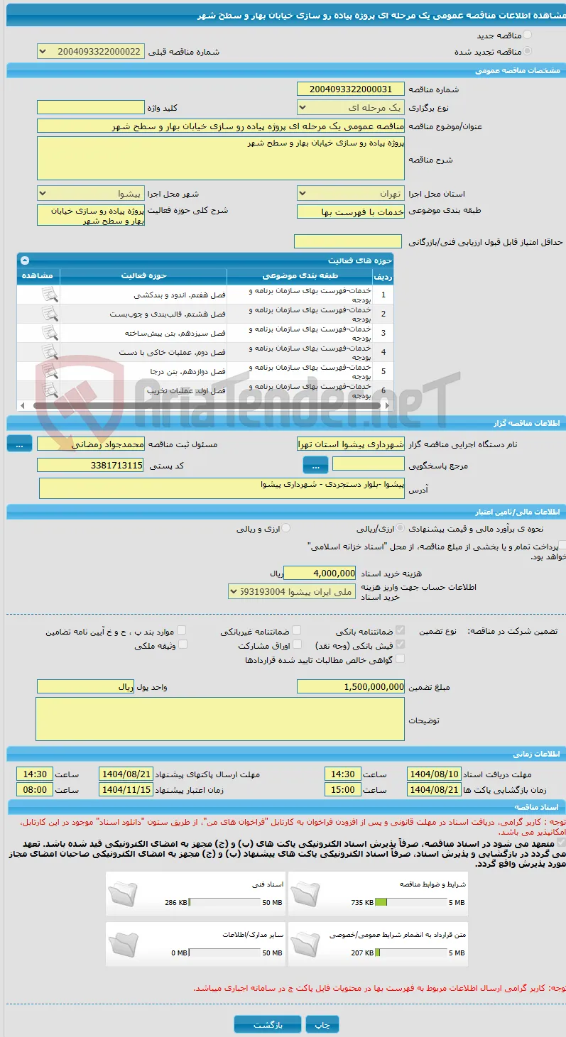 مناقصه عمومی یک مرحله ای پروژه پیاده رو سازی خیابان بهار و سطح شهر