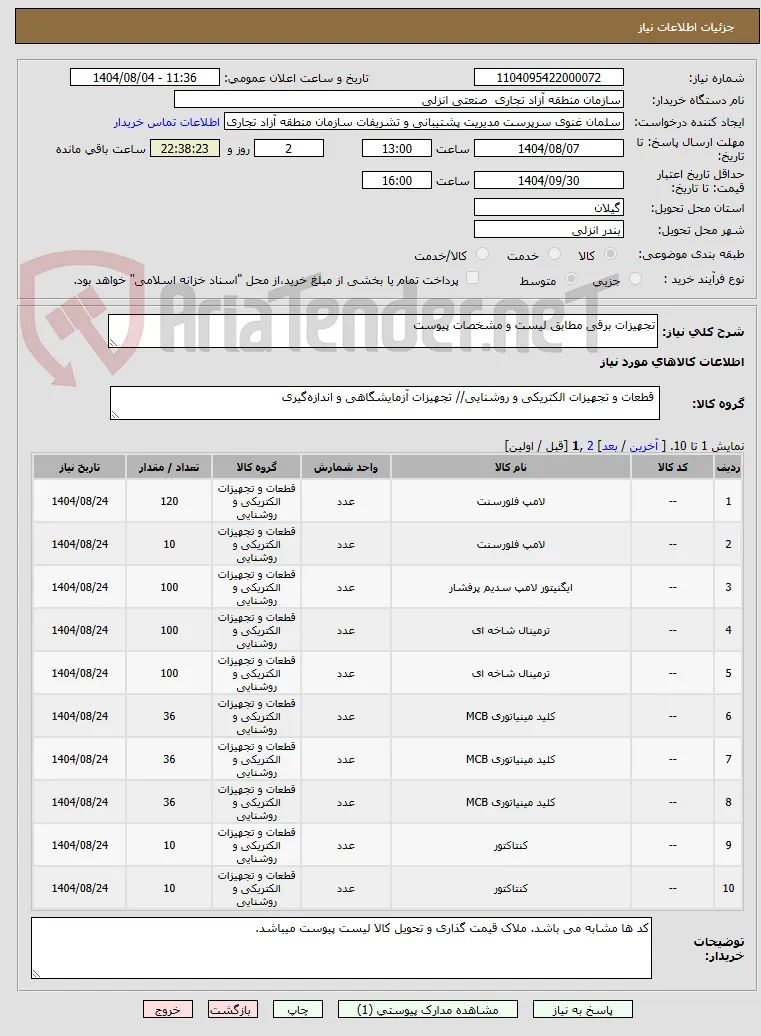 تجهیزات برقی مطابق لیست و مشخصات پیوست
