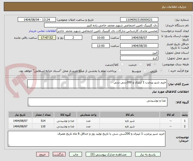 خرید شیر پرچرب 1 لیتری و 200سی سی