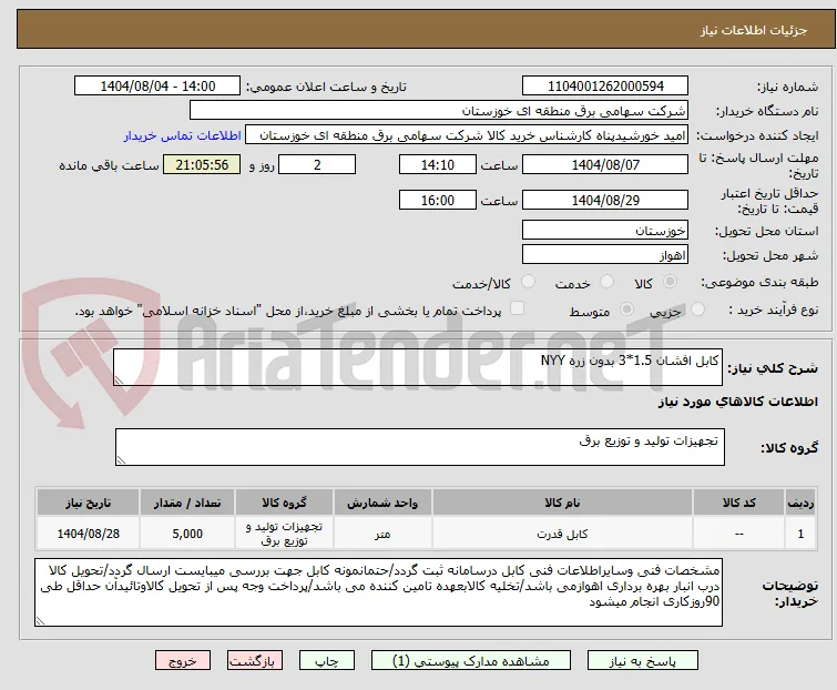 کابل افشان 1.5*3 بدون زره NYY 
