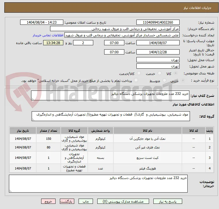 خرید 232 عدد ملزومات تجهیزات پزشکی دستگاه دیالیز