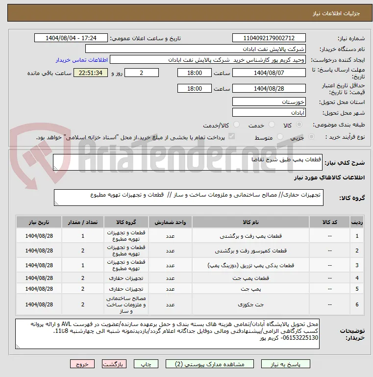 قطعات پمپ طبق شرح تقاضا
