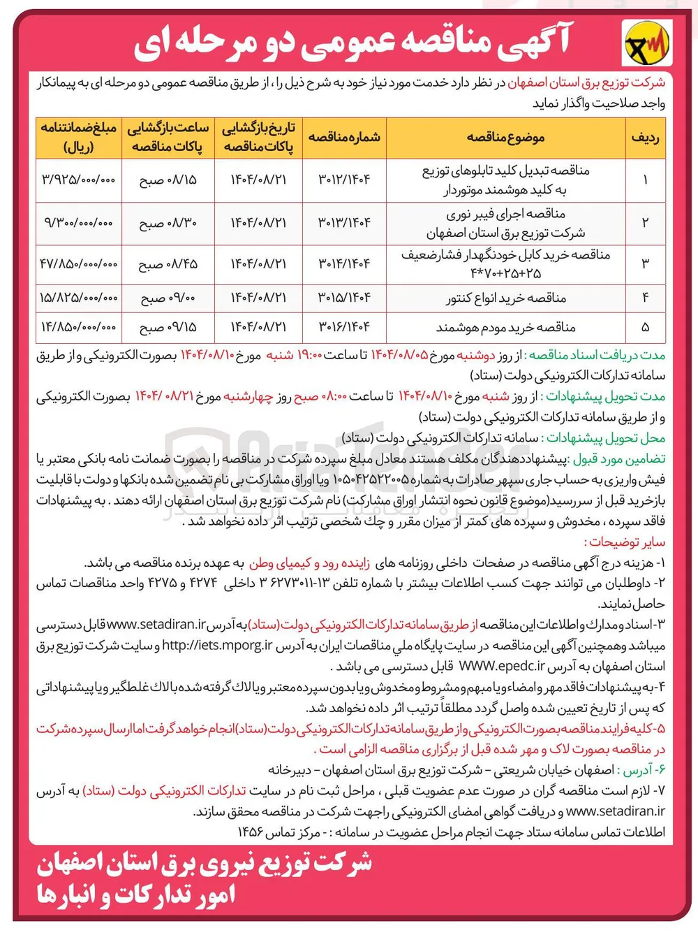 مناقصه اجرای فیبر نوری شرکت توزیع برق