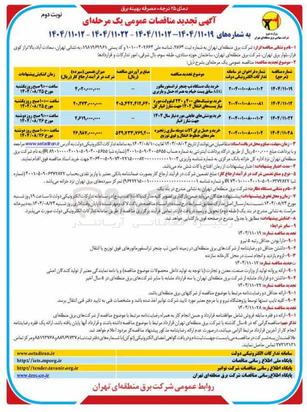 خرید بوشینگ های ۴۰۰ و ۲۲۰ کیلوولت مورد نیاز پست های انتقال ۱۴۰۴ جهت شارژ انبار کل