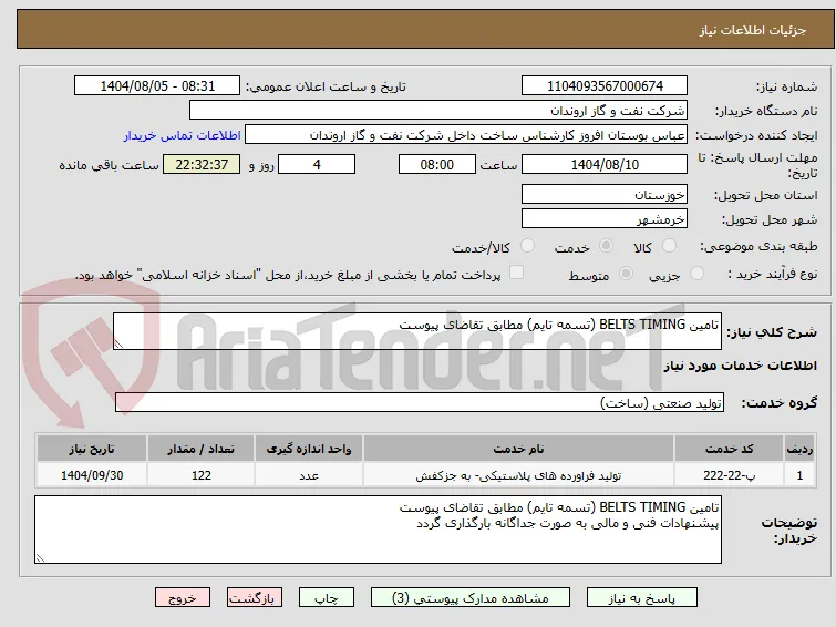تامین BELTS TIMING (تسمه تایم) مطابق تقاضای پیوست 