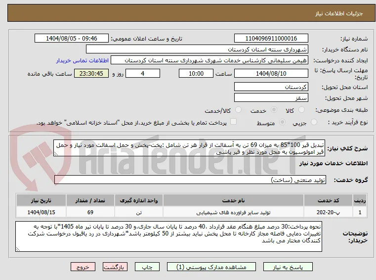 تبدیل قیر 100*85 به میزان 69 تن به آسفالت از قرار هر تن شامل :پخت-پخش و حمل اسفالت مورد نیاز و حمل قیر امولوسیون به محل مورد نظر و قیر پاشی