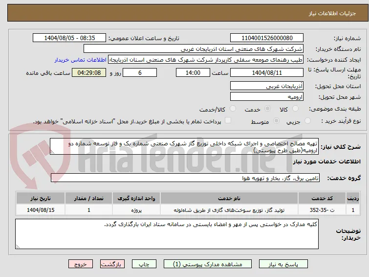 تهیه مصالح اختصاصی و اجرای شبکه داخلی توزیع گاز شهرک صنعتی شماره یک و فاز توسعه شماره دو ارومیه(طبق طرح پیوستی)