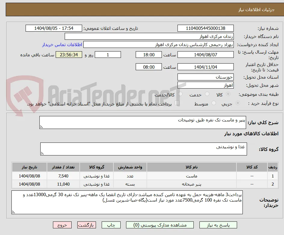 پنیر و ماست تک نفره طبق توضیحات
