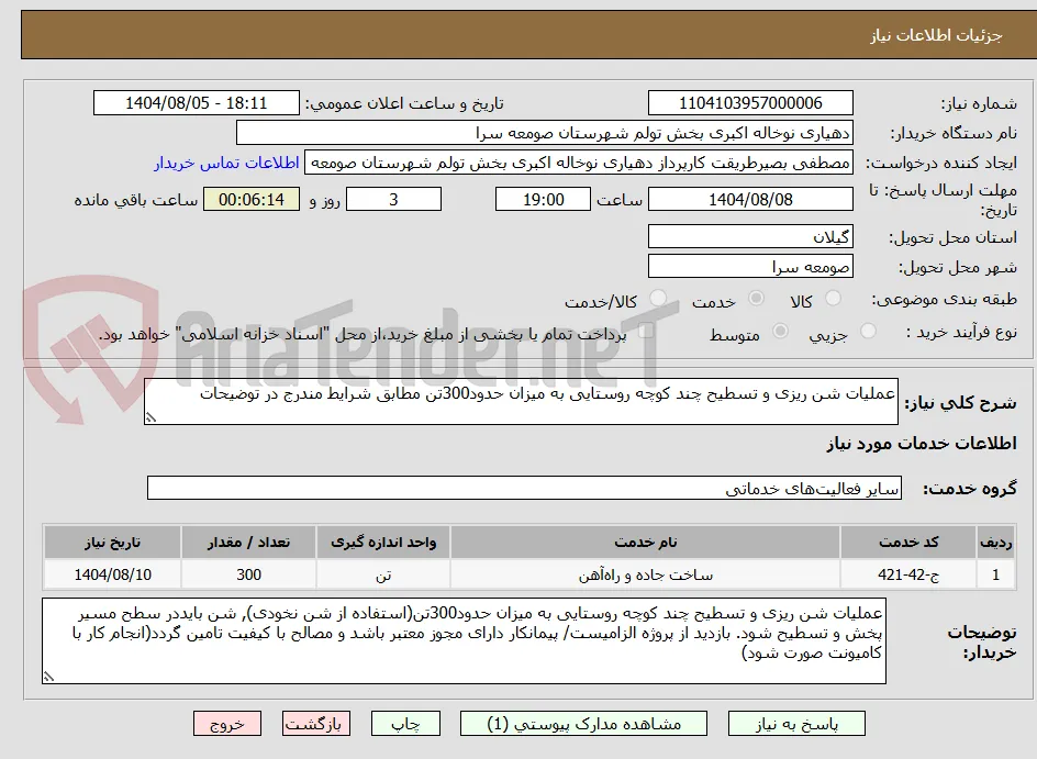 عملیات شن ریزی و تسطیح چند کوچه روستایی به میزان حدود300تن مطابق شرایط مندرج در توضیحات