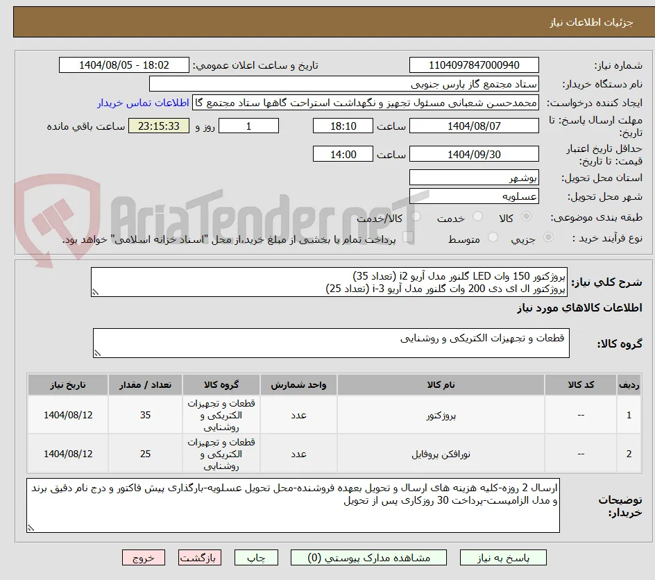 پروژکتور 150 وات LED گلنور مدل آریو i2 (تعداد 35)
پروژکتور ال ای دی 200 وات گلنور مدل آریو 3-i (تعداد 25)