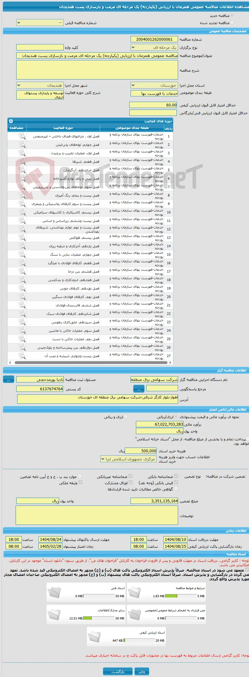 مناقصه عمومی همزمان با ارزیابی (یکپارچه) یک مرحله ای مرمت و بازسازی پست هندیجان