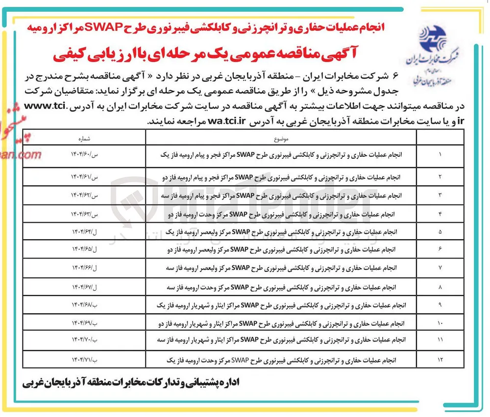 انجام عملیات حفاری و ترانچرزنی و کابلکشی فیبرنوری طرح SWAP