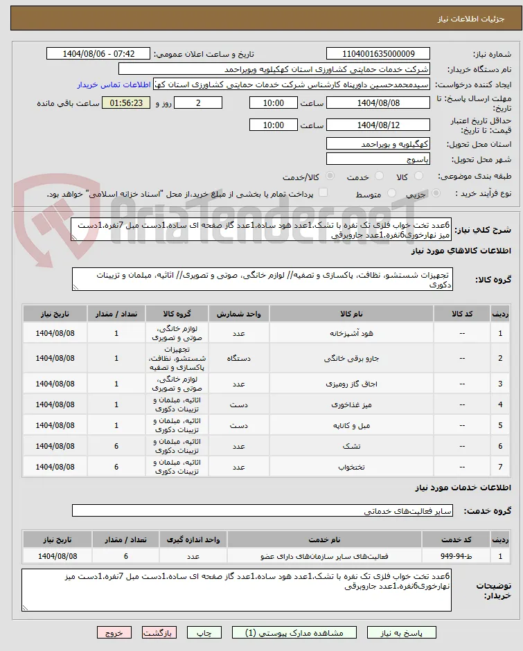 6عدد تخت خواب فلزی تک نفره با تشک.1عدد هود ساده.1عدد گاز صفحه ای ساده.1دست مبل 7نفره.1دست میز نهارخوری6نفره.1عدد جاروبرقی