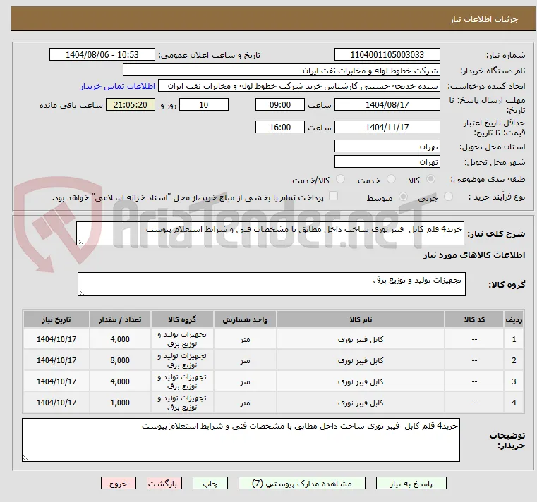 خرید4 قلم کابل  فیبر نوری ساخت داخل مطابق با مشخصات فنی و شرایط استعلام پیوست