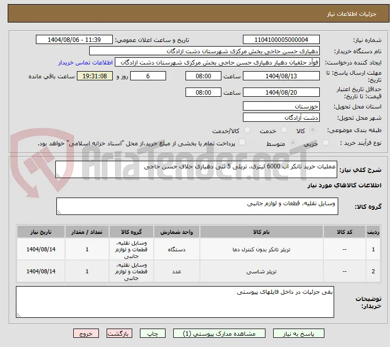 عملیات خرید تانکر اب 6000 لیتری، تریلی 5 تنی دهیاری حلاف حسن حاجی 