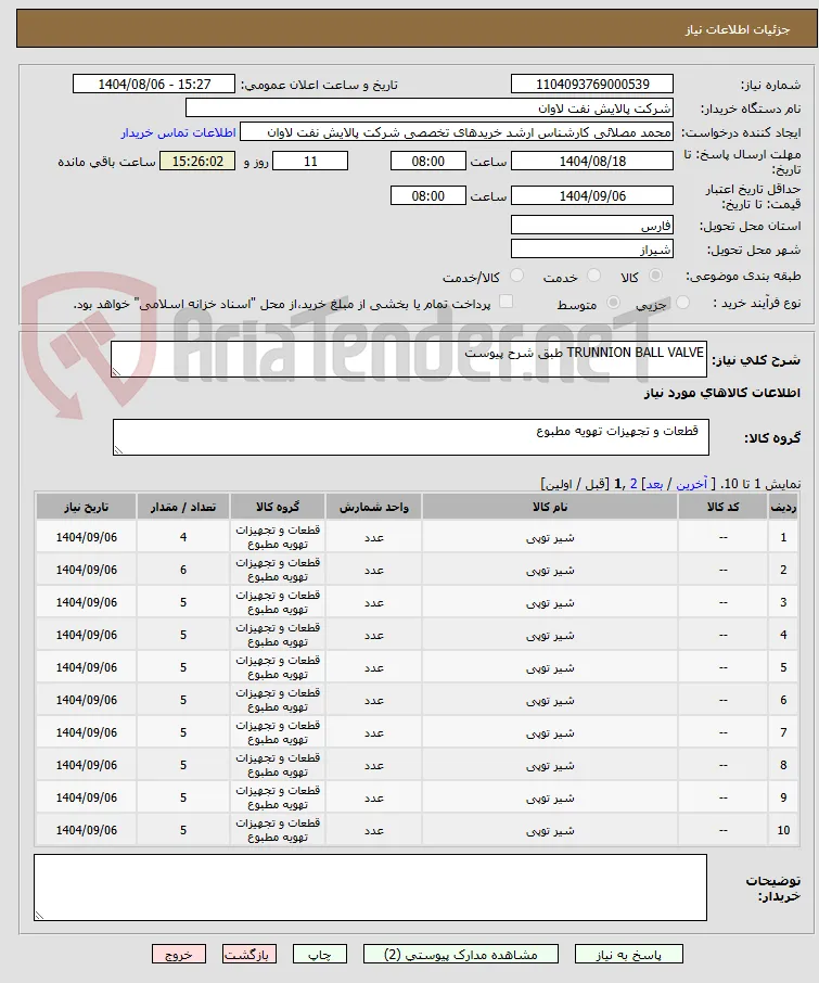 TRUNNION BALL VALVE طبق شرح پیوست