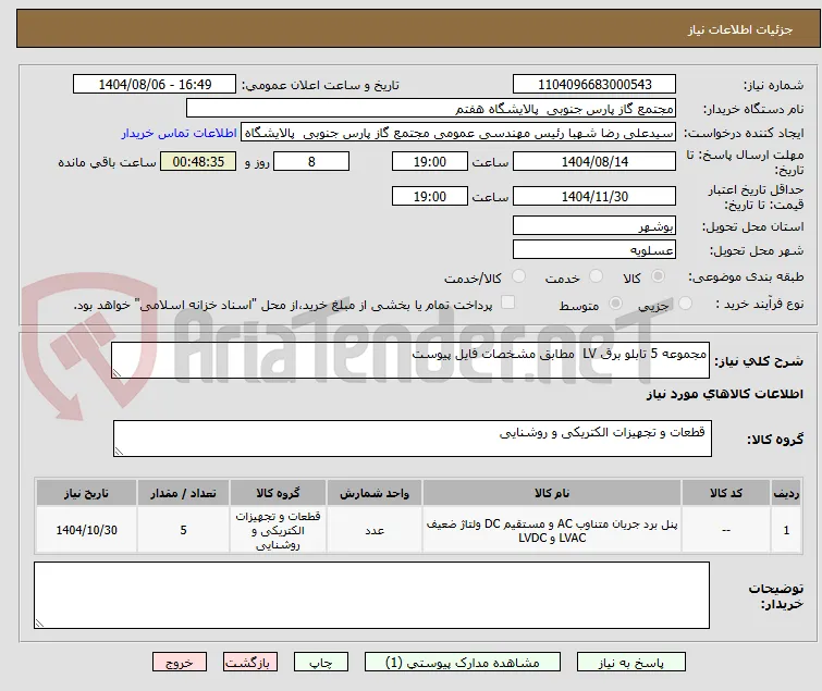 مجموعه 5 تابلو برق LV  مطابق مشخصات فایل پیوست