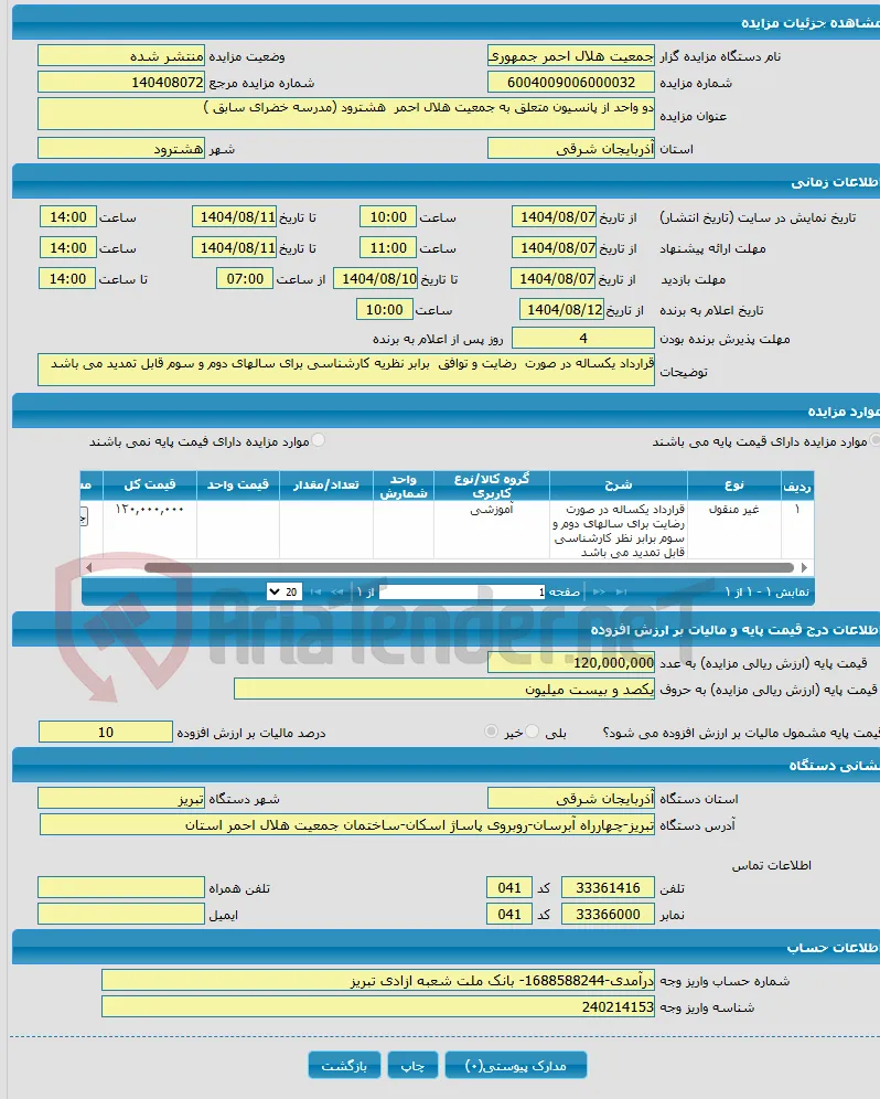 دو واحد از پانسیون متعلق به جمعیت هلال احمر هشترود (مدرسه خضرای سابق )