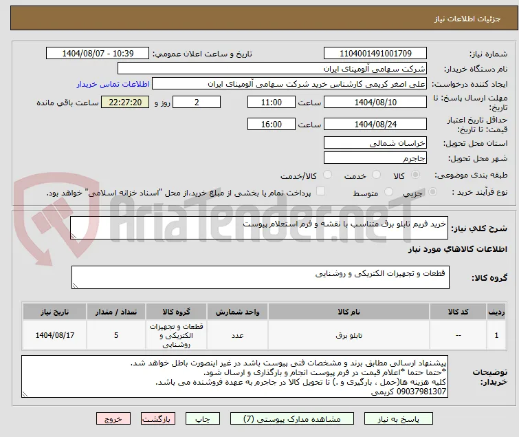 خرید فریم تابلو برق متناسب با نقشه و فرم استعلام پیوست