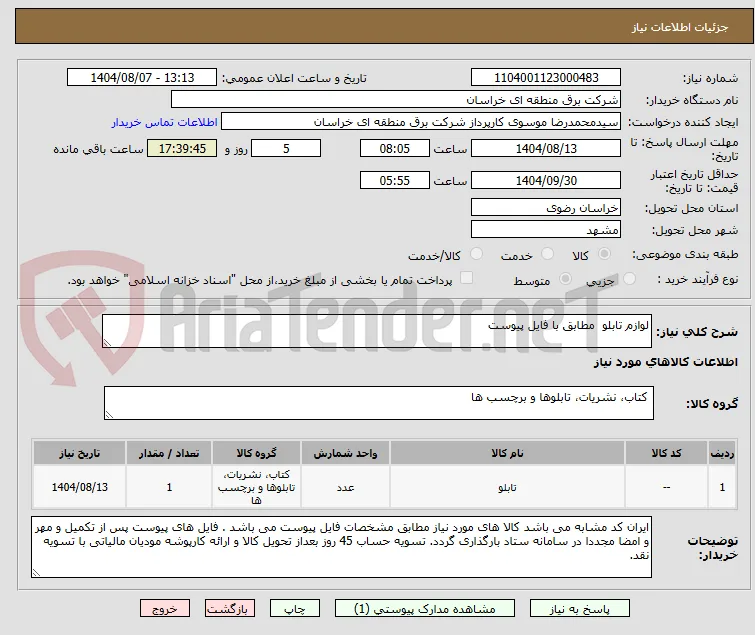 لوازم تابلو  مطابق با فایل پیوست