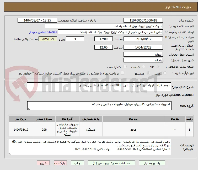 مودم  قراِءت از راه دور کنتور ترمینالی   200 دستگاه  طبق فایل پیوستی 