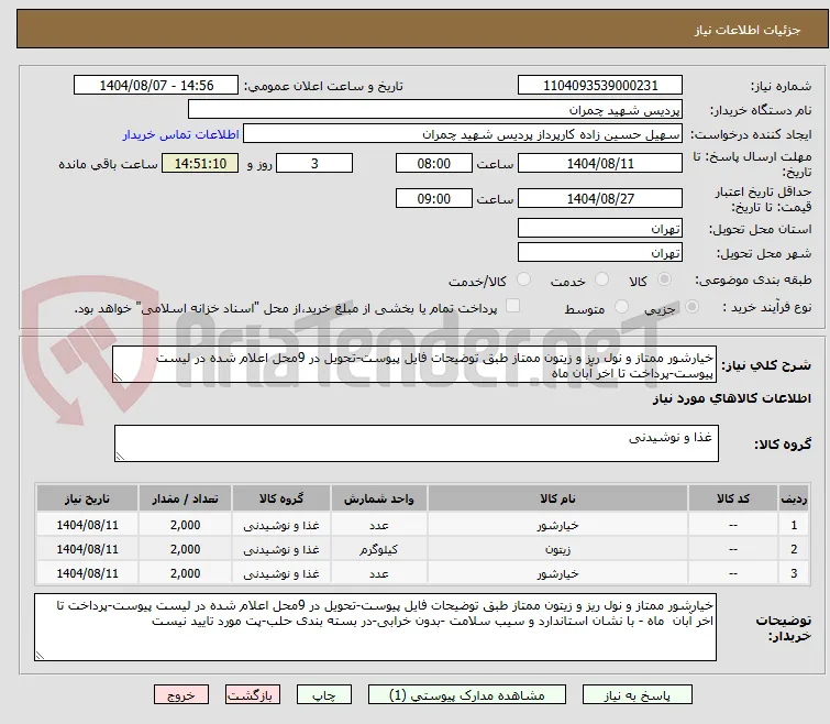 خیارشور ممتاز و نول ریز و زیتون ممتاز طبق توضیحات فایل پیوست-تحویل در 9محل اعلام شده در لیست پیوست-پرداخت تا اخر آبان ماه
