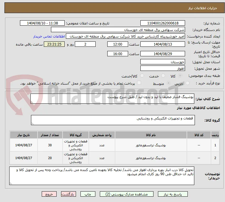 بوشینگ فشار ضعیف با لید و بدون لید / طبق شرح پیوست 