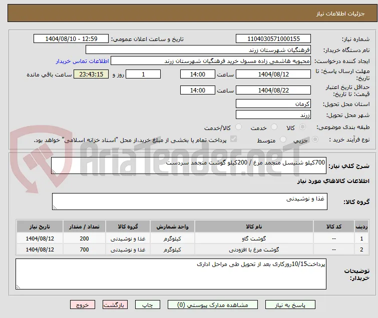 700کیلو شنیسل منجمد مرغ / 200کیلو گوشت منجمد سردست