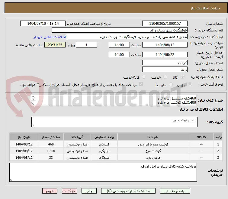 460کیلو شنیسل مرغ تازه
1400کیلو گوشت مرغ تازه
33کیلو ماهی قزل الا تازه
