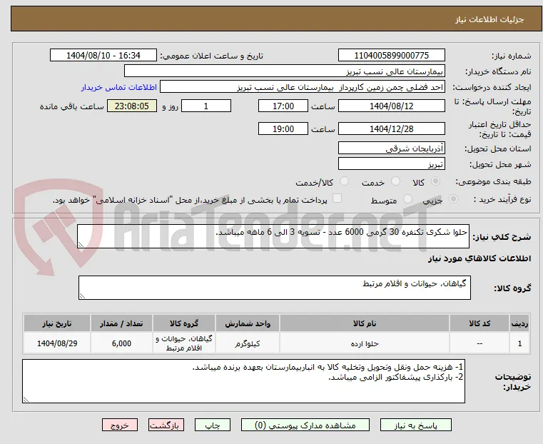 حلوا شکری تکنفره 30 گرمی 6000 عدد - تسویه 3 الی 6 ماهه میباشد. 