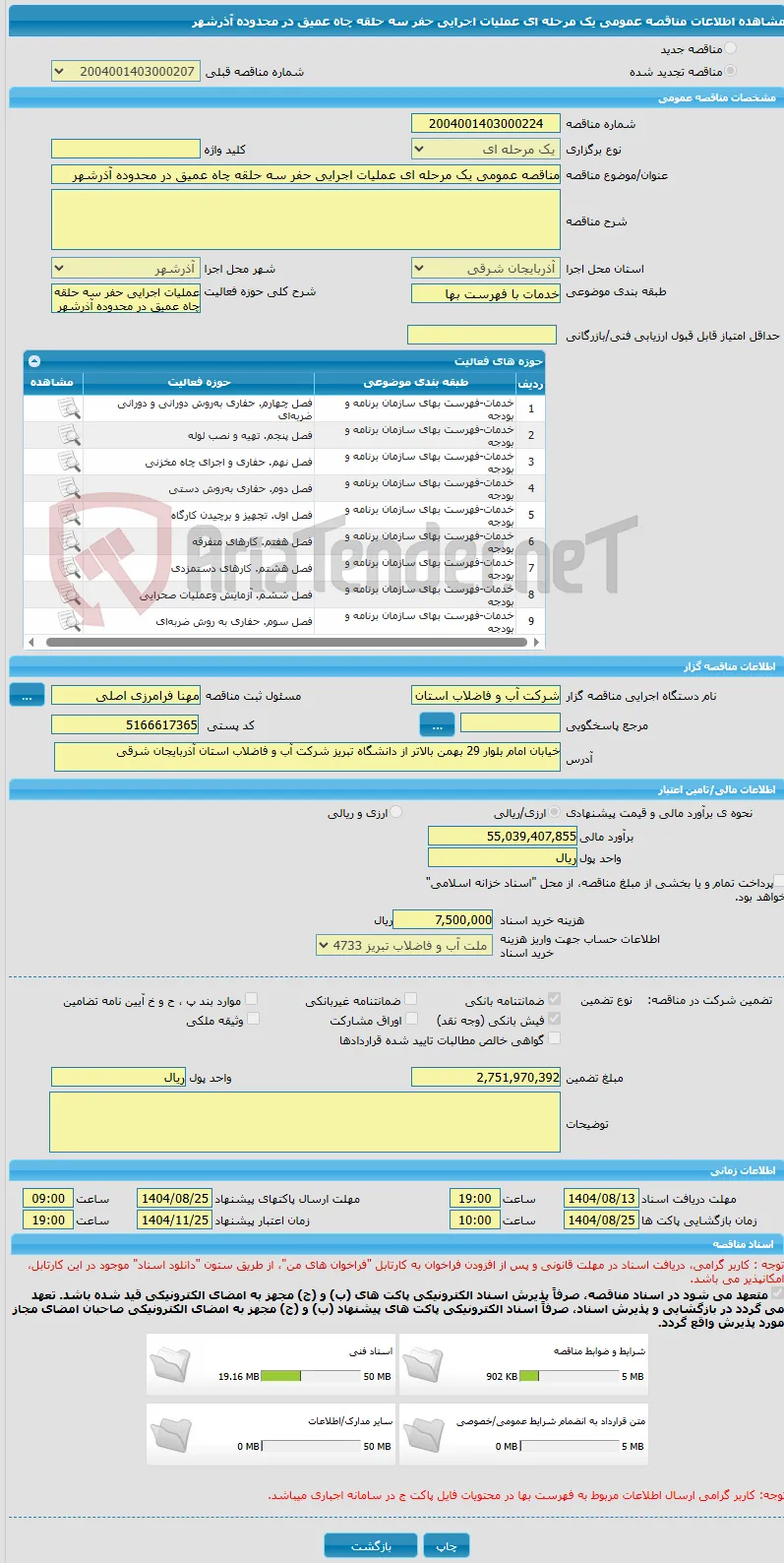 مناقصه عمومی یک مرحله ای عملیات اجرایی حفر سه حلقه چاه عمیق در محدوده آذرشهر