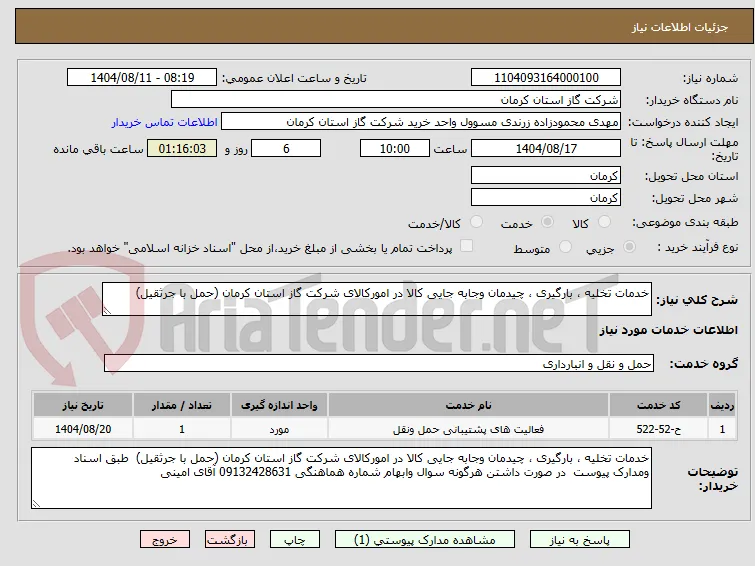 خدمات تخلیه ، بارگیری ، چیدمان وجابه جایی کالا در امورکالای شرکت گاز استان کرمان (حمل با جرثقیل) 
