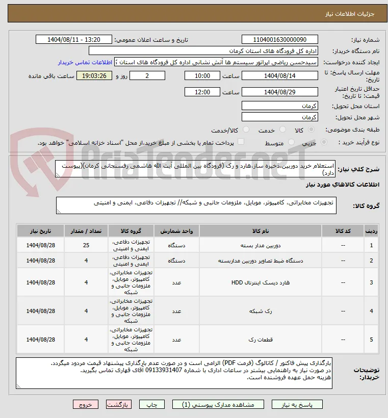 استعلام خرید دوربین،ذخیره ساز،هارد و رک (فرودگاه بین المللی آیت الله هاشمی رفسنجانی کرمان)(پیوست دارد)