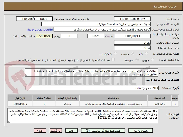 دریافت خدمات تحلیل، طراحی، پیاده ‏سازی و استقرار سامانه خلاقیت و نوآوری اداره کل آموزش و پژوهش مطابق فایل پیوست 