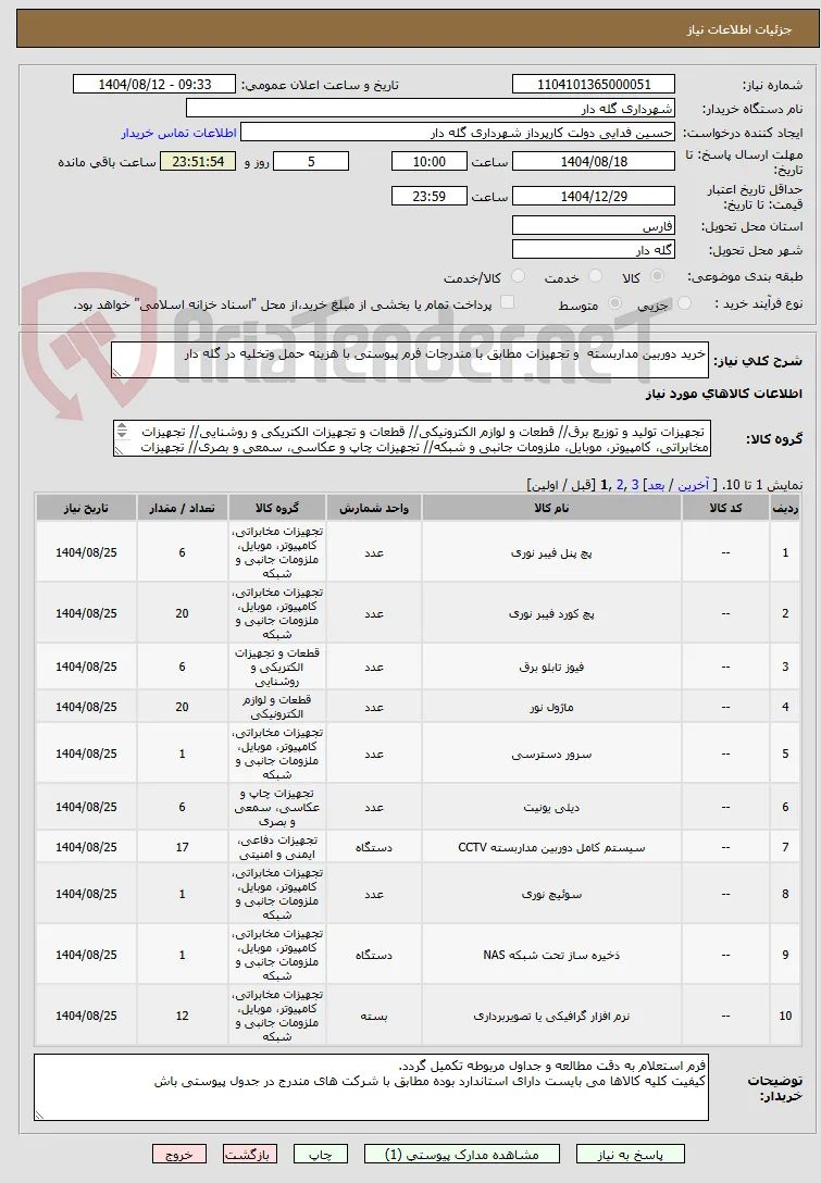 خرید دوربین مداربسته  و تجهیزات مطابق با مندرجات فرم پیوستی با هزینه حمل وتخلیه در گله دار