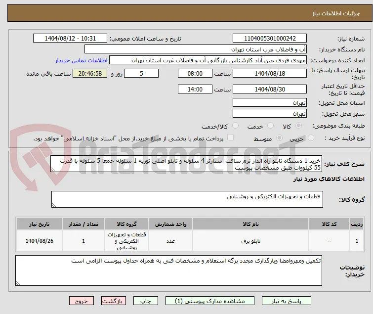 خرید 1 دستگاه تابلو راه انداز نرم سافت استارتر 4 سلوله و تابلو اصلی توزیه 1 سلوله جمعا 5 سلوله با قدرت 55 کیلووات طبق مشخصات پیوست