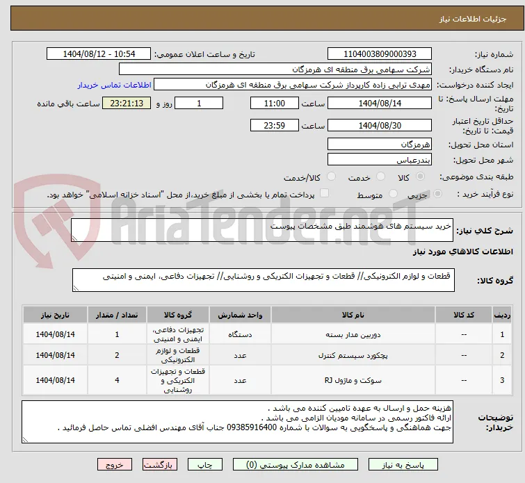 خرید سیستم های هوشمند طبق مشخصات پیوست