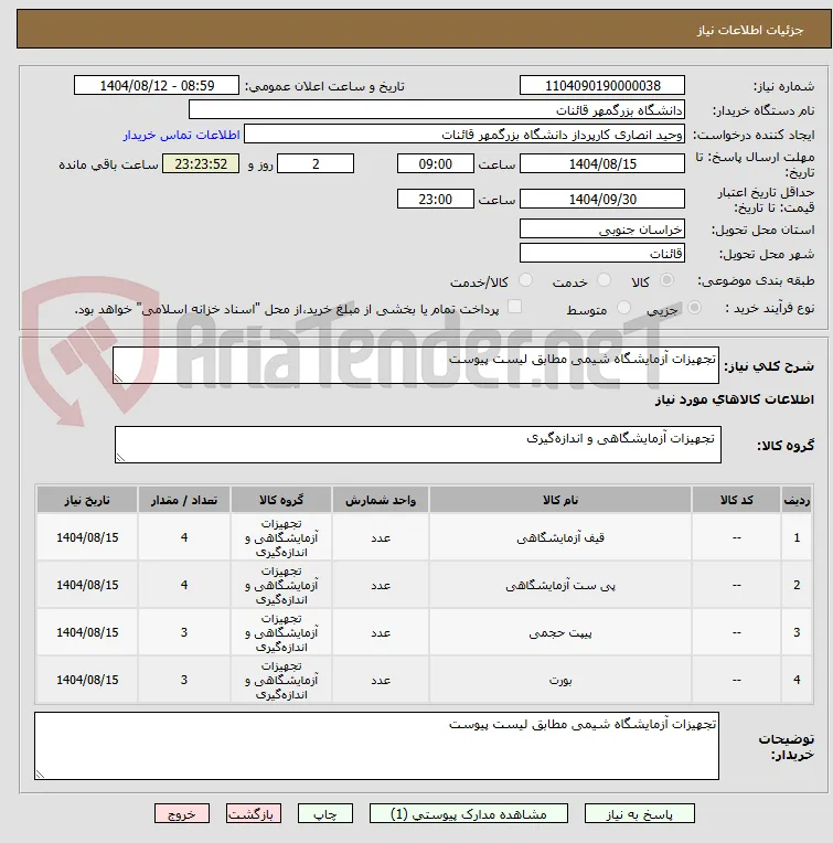 تجهیزات آزمایشگاه شیمی مطابق لیست پیوست