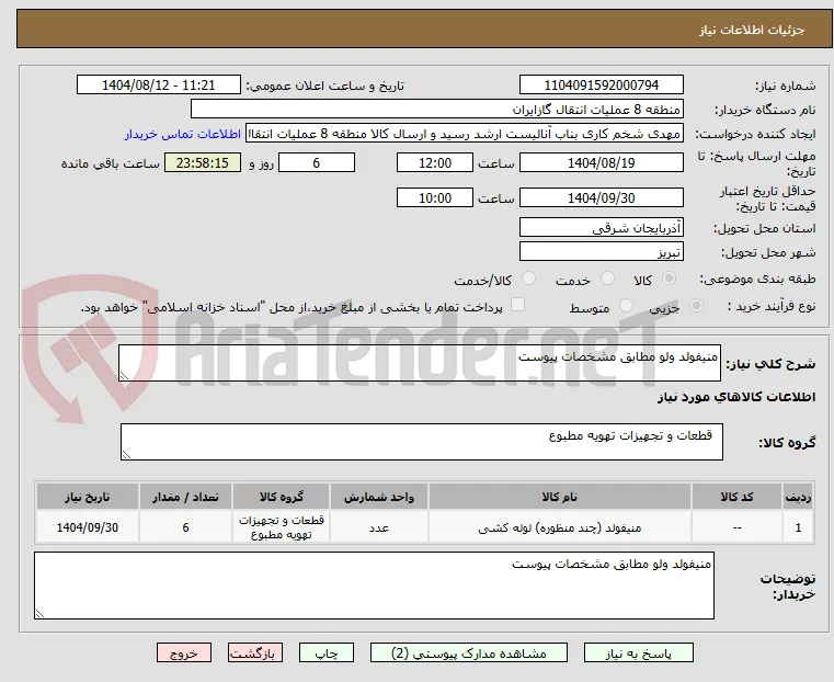 منیفولد ولو مطابق مشخصات پیوست