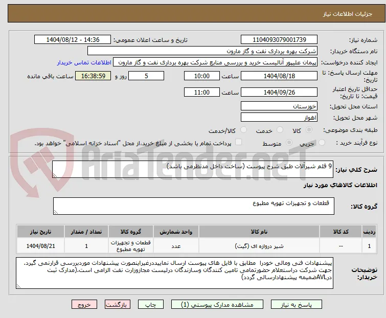 9 قلم شیرآلات طبق شرح پیوست (ساخت داخل مدنظرمی باشد)