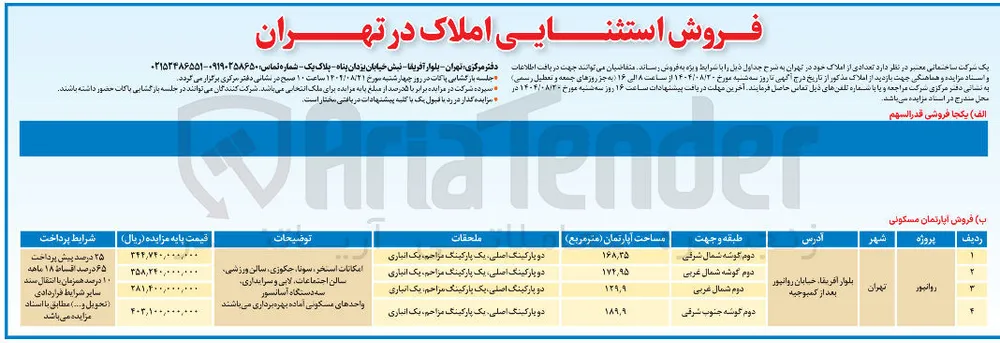 فروش تعدادی از املاک در 4 ردیف 