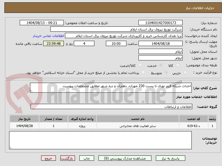 احداث شبکه فیبر نوری تا پست 230 مهران، دهلران و دره شهر مطابق مشخصات پیوست