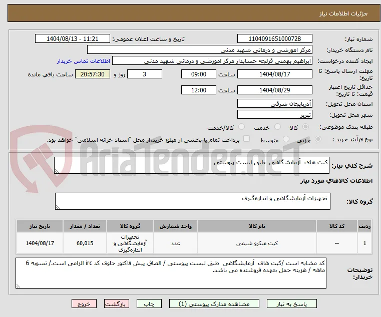 کیت های  آزمایشگاهی  طبق لیست پیوستی 