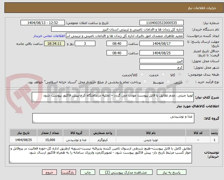 لوبیا چیتی ،عدم تطابق با فایل پیوست عودت می گردد – تخلیه درندامتگاه کرج-پیش فاکتور پیوست شود