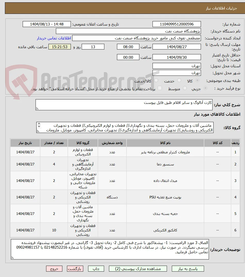 کارت آنالوگ و سایر اقلام طبق فایل پیوست