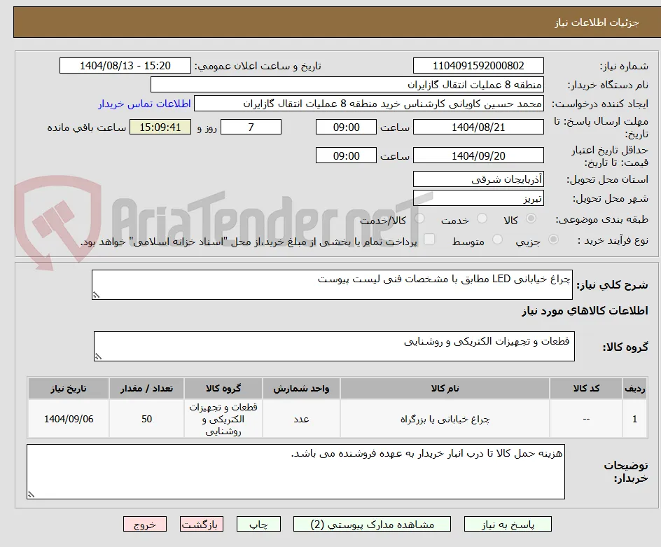 چراغ خیابانی LED مطابق با مشخصات فنی لیست پیوست