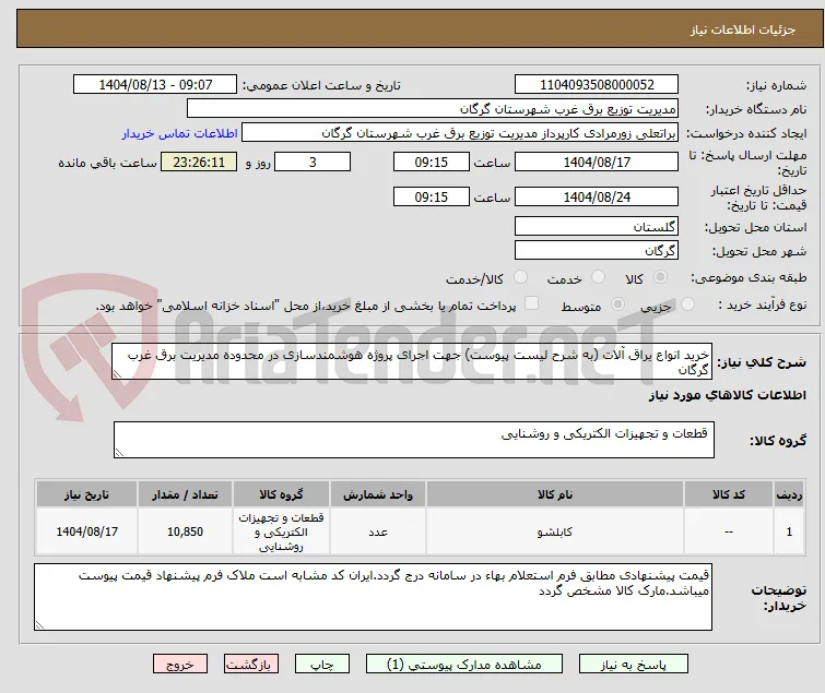 خرید انواع یراق آلات (به شرح لیست پیوست) جهت اجرای پروژه هوشمندسازی در محدوده مدیریت برق غرب گرگان
